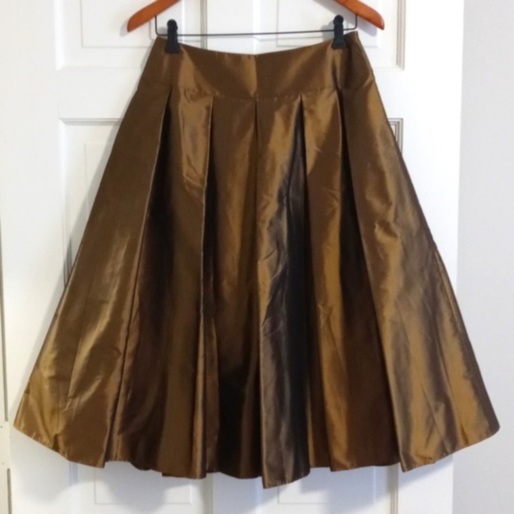 Talbots Elegant Pleated A-line 100% Silk Brown Bronze Skirt